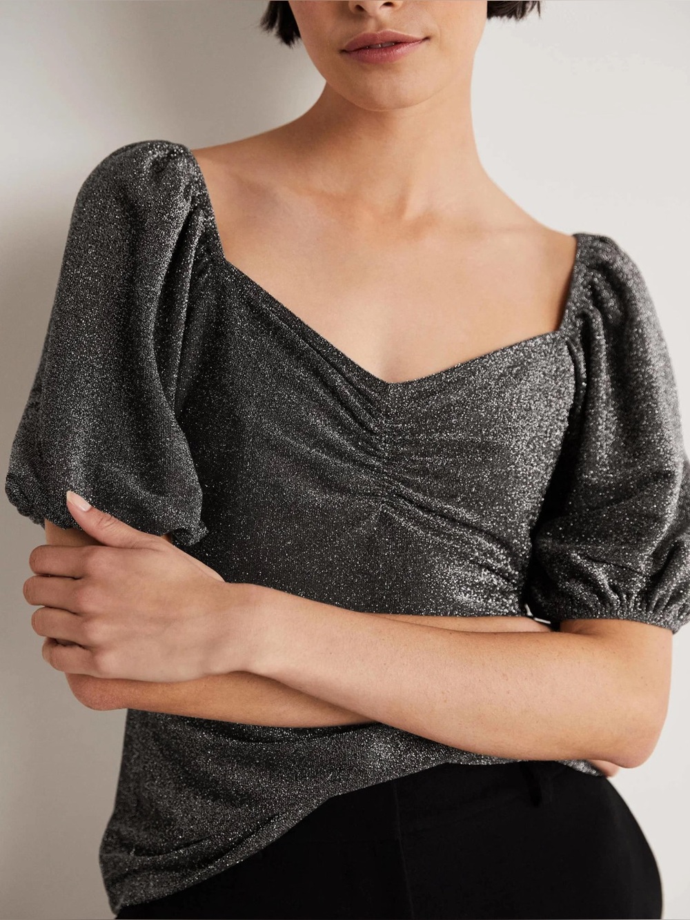Boden Sparkle Puff-Sleeve V-Neck Top in Charcoal